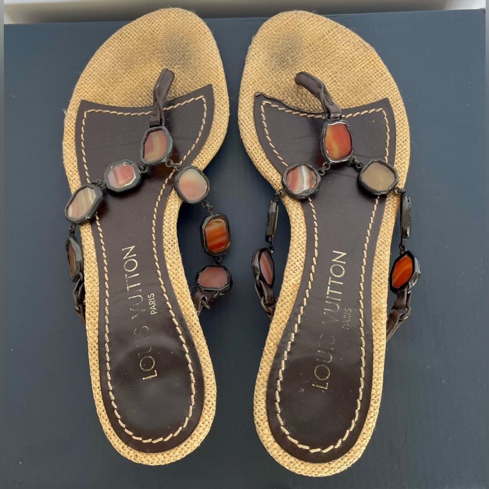 Louis Vuitton short heeled flip-flops w stained glass & chain straps